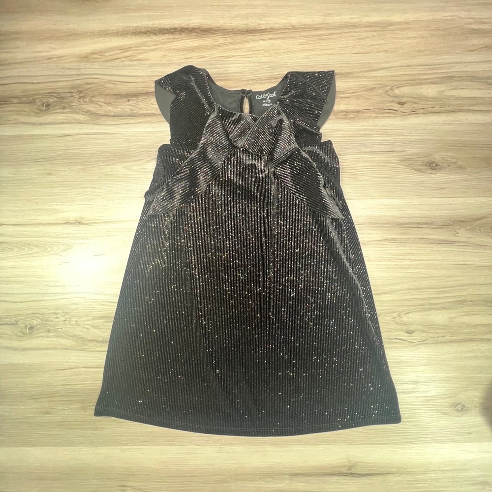 Cat & Jack Girls Black Sparkle Dress Size‎ M 7/8 Flutter Sleeve Party